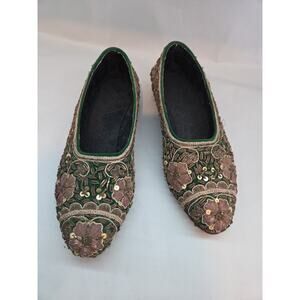 Vintage Lotus Arts De Vivre Sequined Art Deco Flats Floral Aplique Baroque 6m